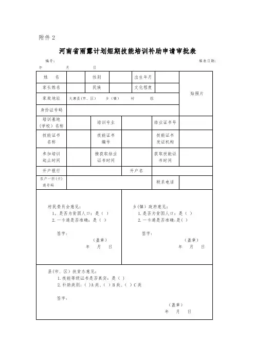 河南省雨露计划短期技能培训补助申请审批表【范本模板】
