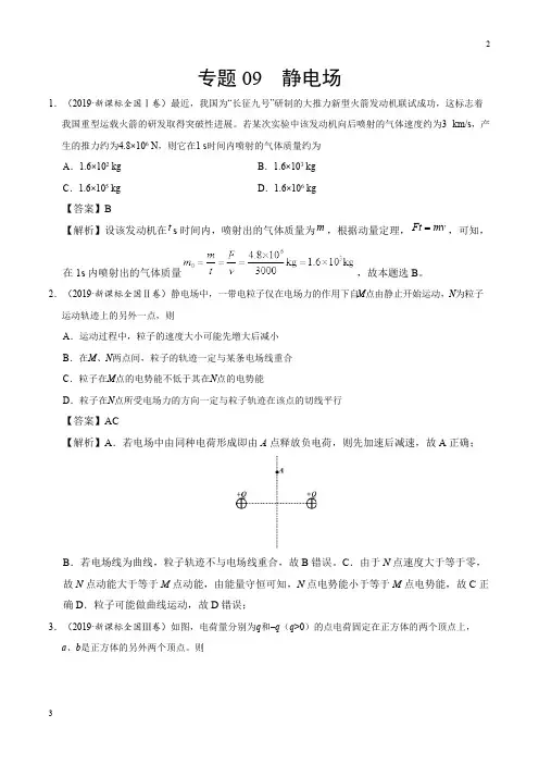 浙江专题09 静电场-2019年高考真题和模拟题分项汇编物理 Word版含解析