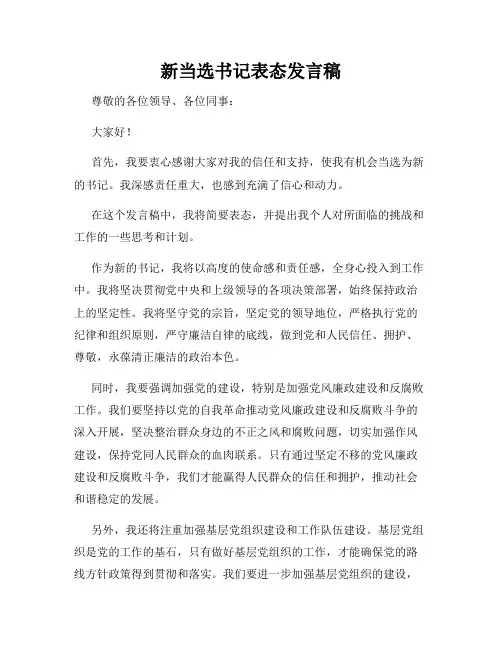 新当选书记表态发言稿