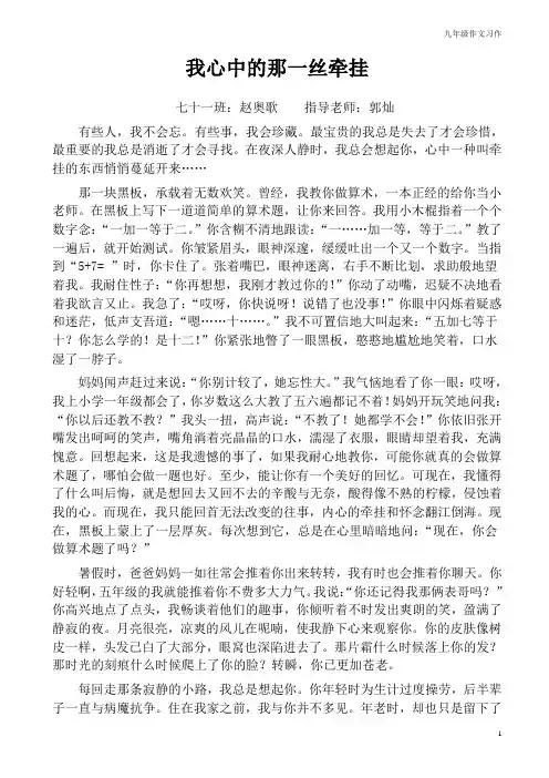 九年级作文：我心中的那一丝牵挂(赵奥歌)