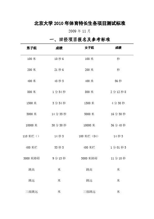 北京大学体育特长生各项目测试标准