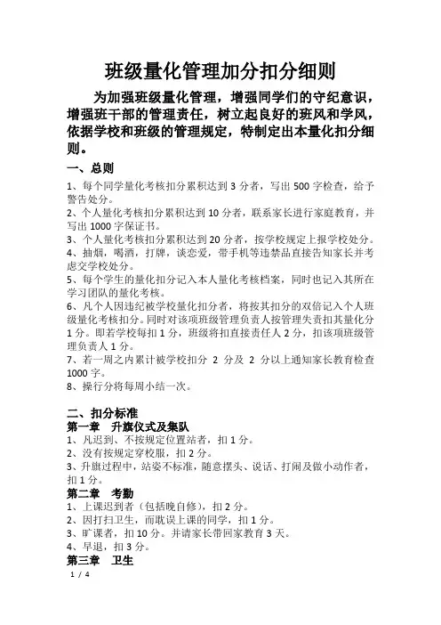 班级量化管理加分扣分细则