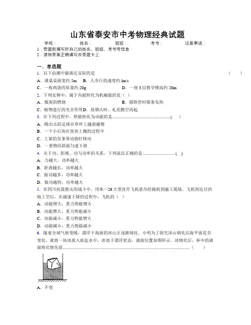 最新山东省泰安市中考物理经典试题及解析