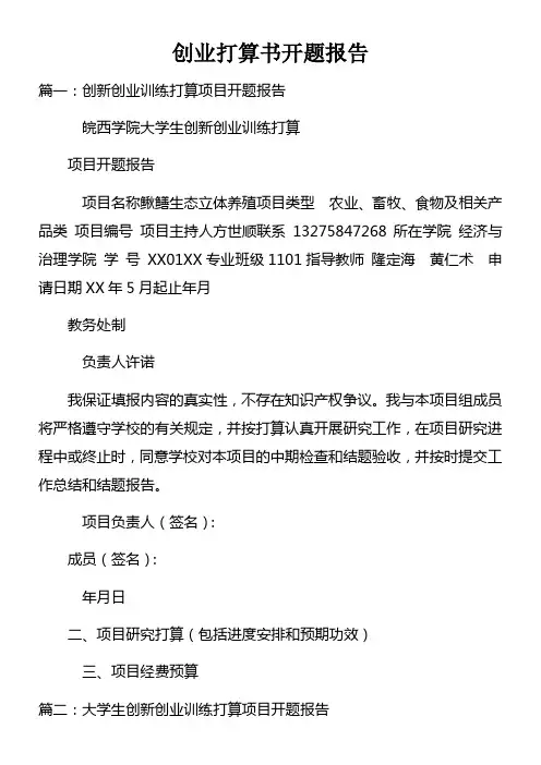 创业打算书开题报告doc