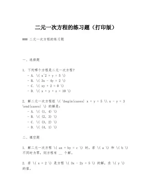 二元一次方程的练习题(打印版)
