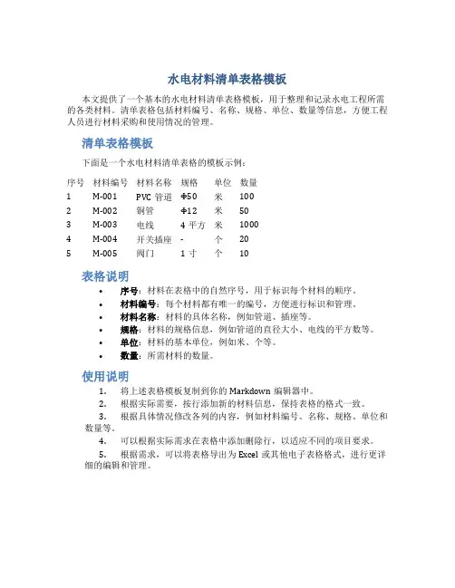 水电材料清单表格模板