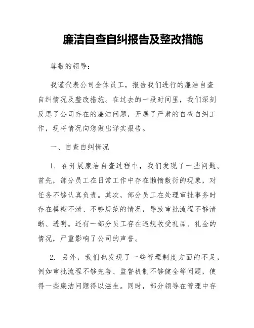 廉洁自查自纠报告及整改措施