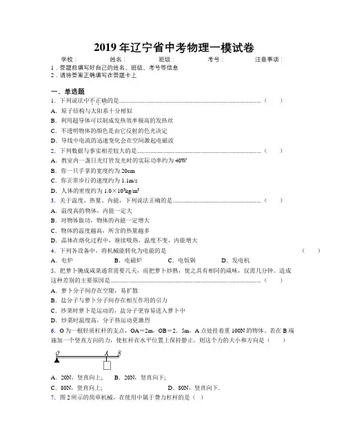 2019年辽宁省中考物理一模试卷附解析