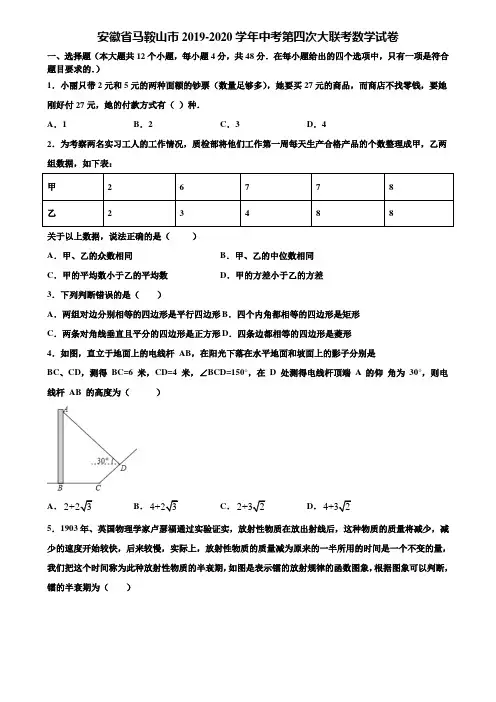 安徽省马鞍山市2019-2020学年中考第四次大联考数学试卷含解析