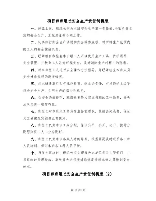 项目部班组长安全生产责任制模版（3篇）