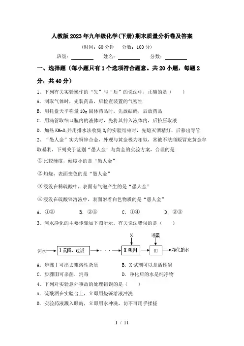 人教版2023年九年级化学(下册)期末质量分析卷及答案
