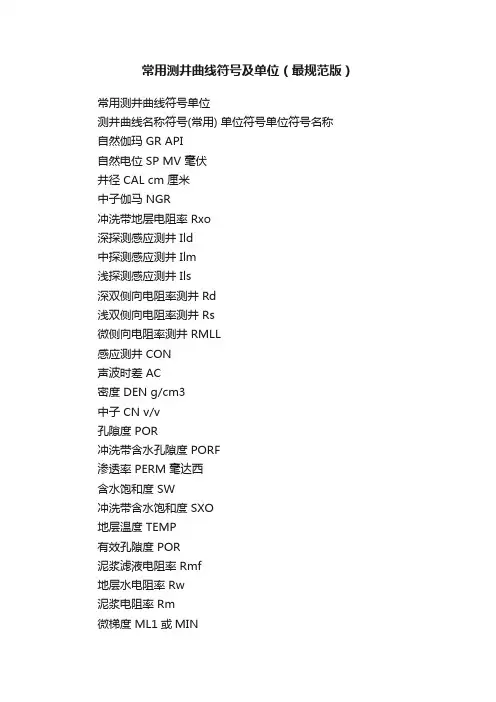 常用测井曲线符号及单位（最规范版）