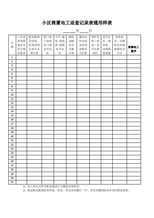 小区商厦电工巡查记录表通用样表