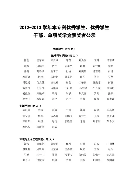 2012-2013学年本专科优秀学生、优秀学生干部、单项奖学金获奖者公示