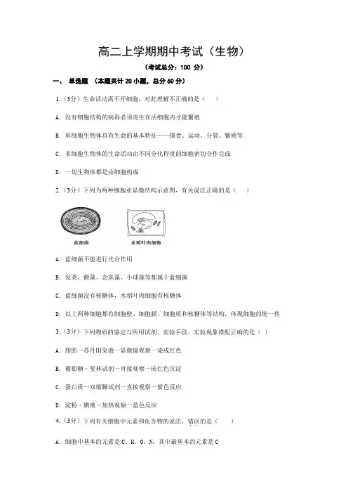 高二上学期期中考试(生物)试题含答案