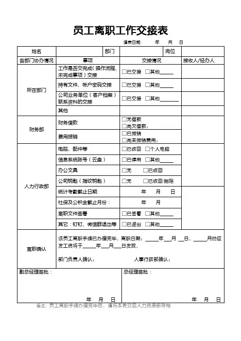 离职人员工作交接表