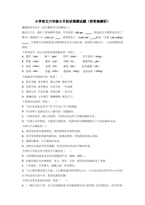 小学语文六年级小升初试卷测试题(附答案解析)