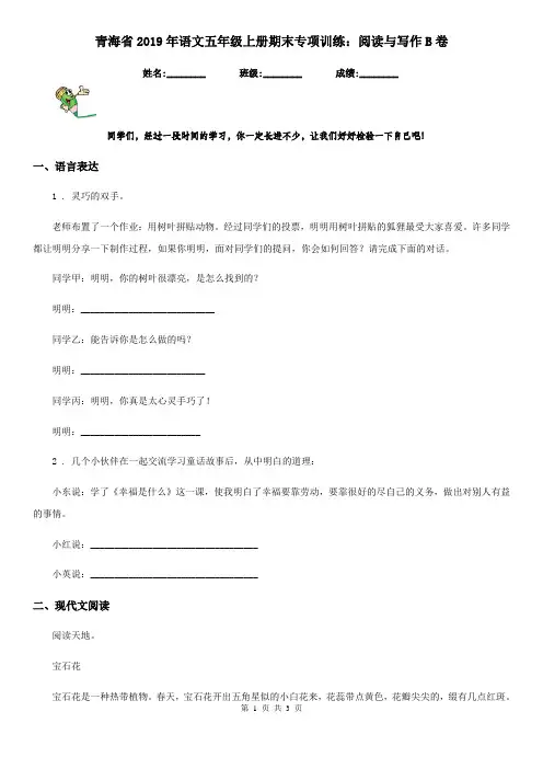 青海省2019年语文五年级上册期末专项训练：阅读与写作B卷