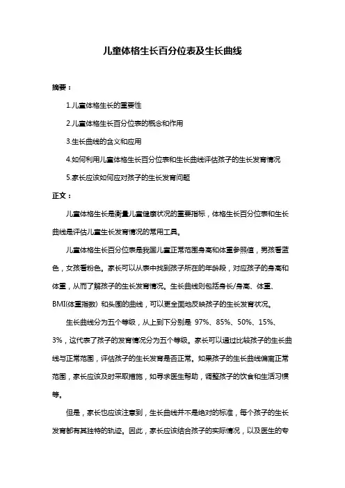 儿童体格生长百分位表及生长曲线