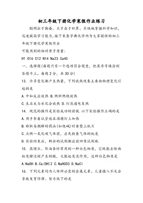 初三年级下册化学寒假作业练习范文文稿