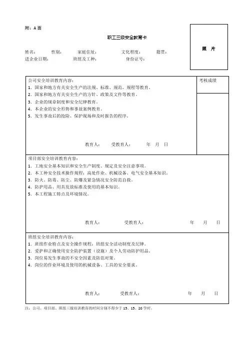 三级教育卡(全套 工人)