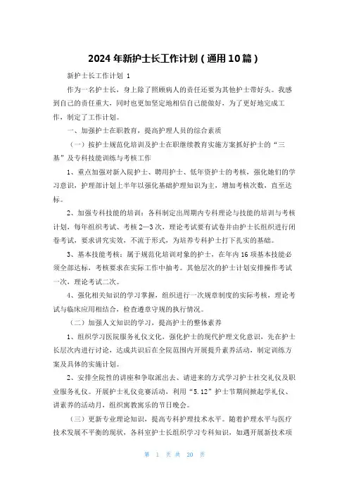 2024年新护士长工作计划(通用10篇)