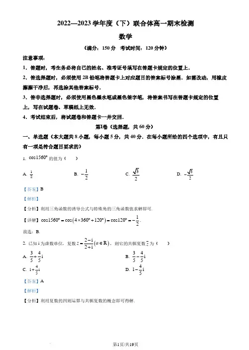 辽宁省沈阳市联合体2022-2023学年高一下学期期末数学试题(解析版)