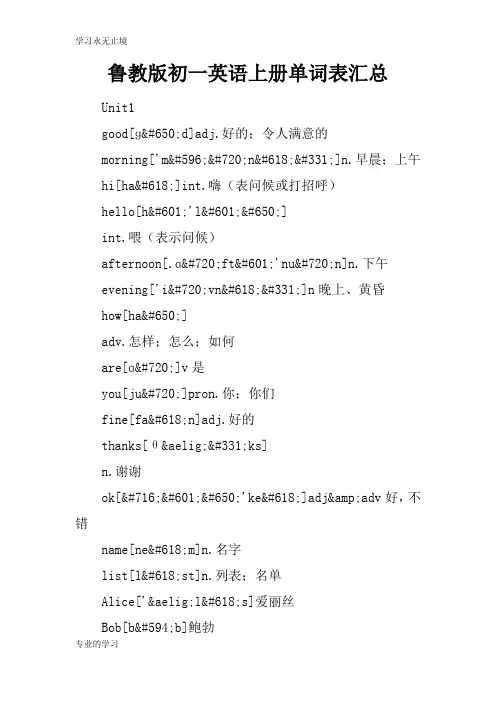 鲁教版初一英语上册单词表汇总
