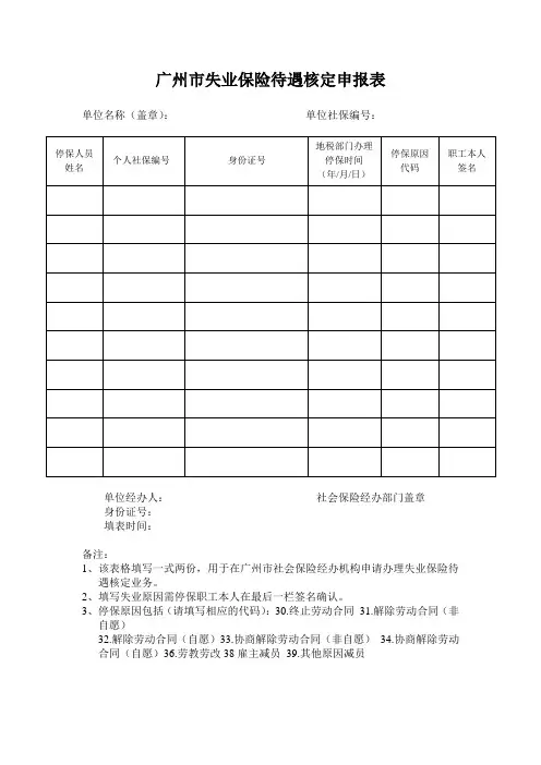 广州市失业保险待遇核定申报表
