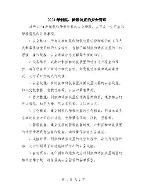 2024年制氢、储氢装置的安全管理
