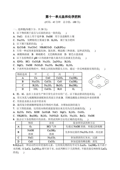 2022年初中9年级(人教版)第十一单元 盐和化学肥料 单元检测(含答案)