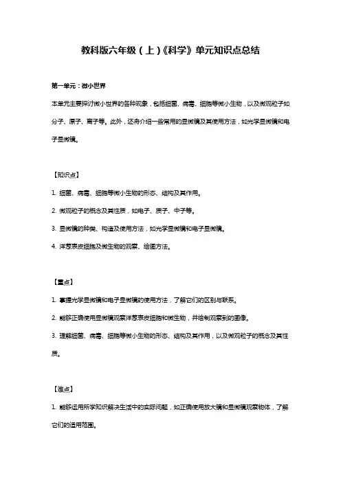 教科版六年级上册科学知识点总结