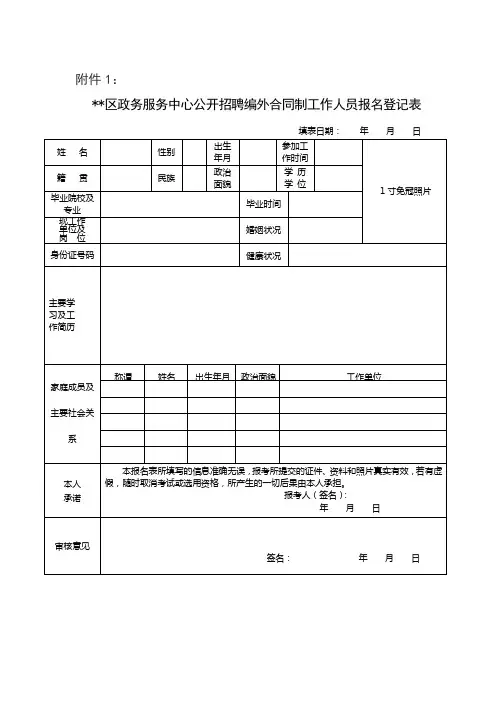 天心区政务服务中心公开招聘编外合同制工作人员报名登记表【模板】