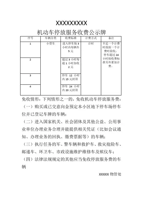 地下停车场收费公示牌