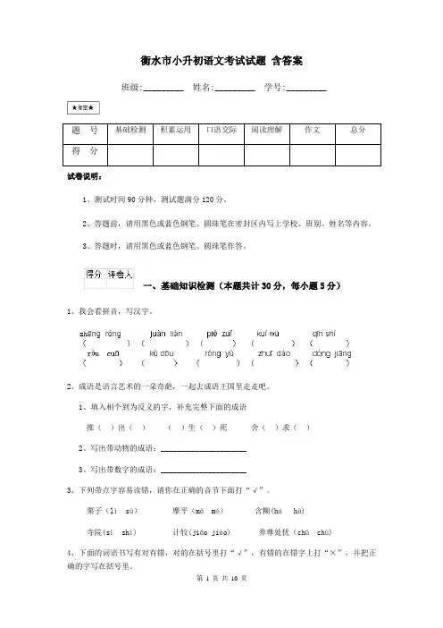 衡水市小升初语文考试试题 含答案