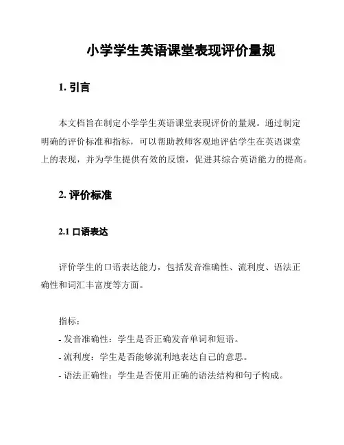 小学学生英语课堂表现评价量规