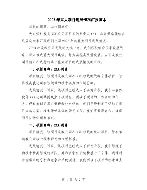 2023年重大项目进展情况汇报范本
