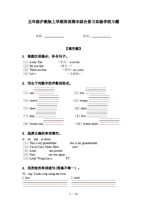五年级沪教版上学期英语期末综合复习实验学校习题