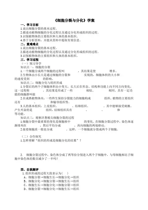 初中生物《细胞分裂与分化》学案