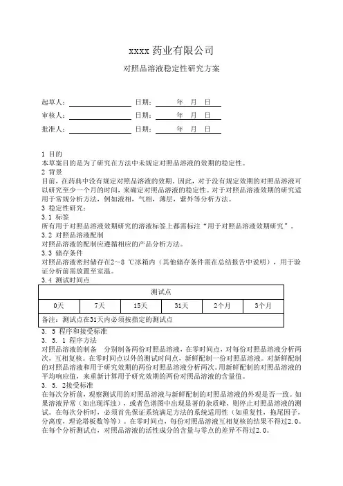 对照品溶液稳定性研究方案与报告