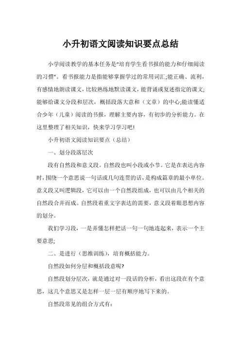 小升初语文阅读知识要点总结