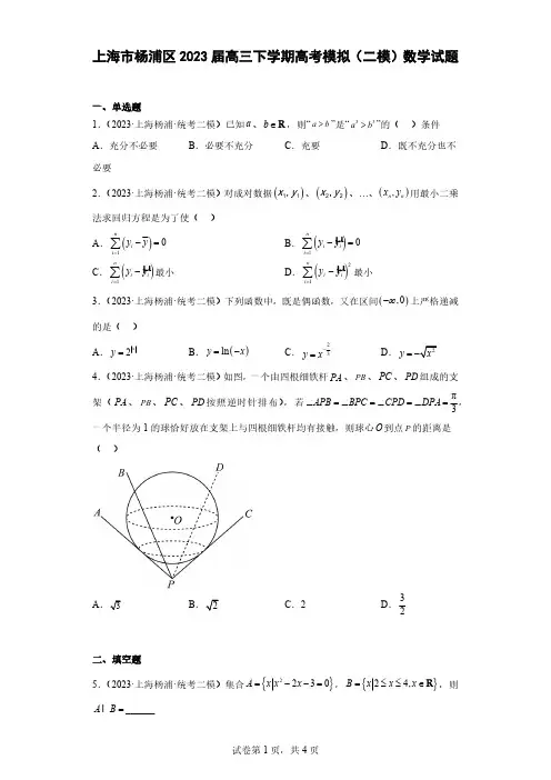上海市杨浦区2023届高三下学期高考模拟(二模)数学试题(含解析)