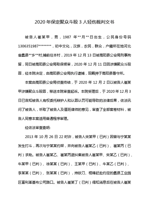2020年保定聚众斗殴3人轻伤裁判文书