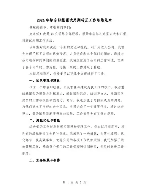 2024年综合部经理试用期转正工作总结范本(二篇)