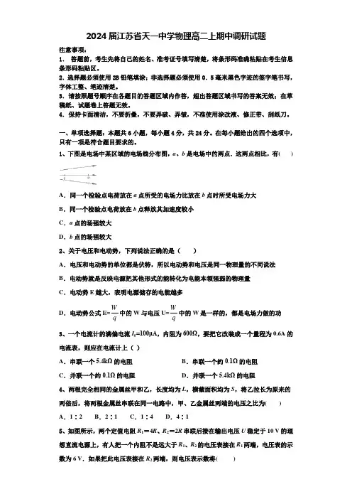 2024届江苏省天一中学物理高二上期中调研试题含解析