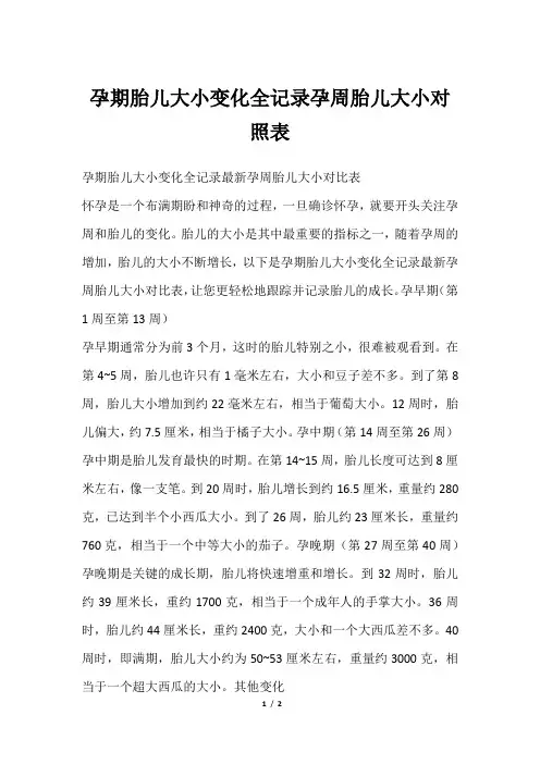 孕期胎儿大小变化全记录孕周胎儿大小对照表