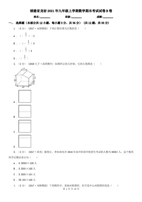 福建省龙岩2021年九年级上学期数学期末考试试卷B卷