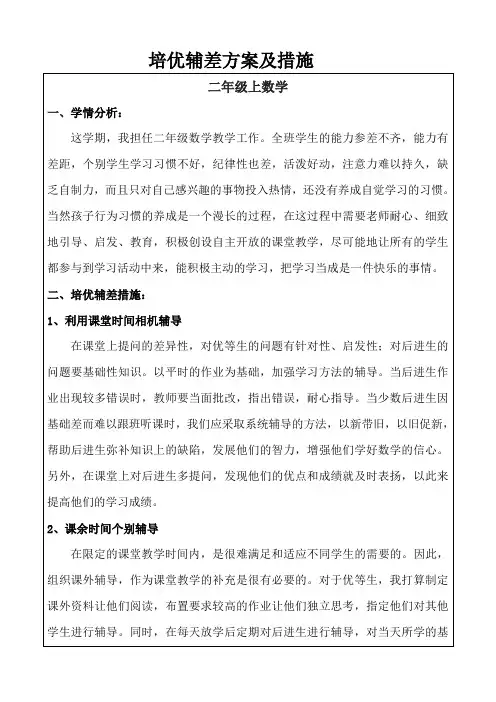 二年级数学上学期培优辅差记录表
