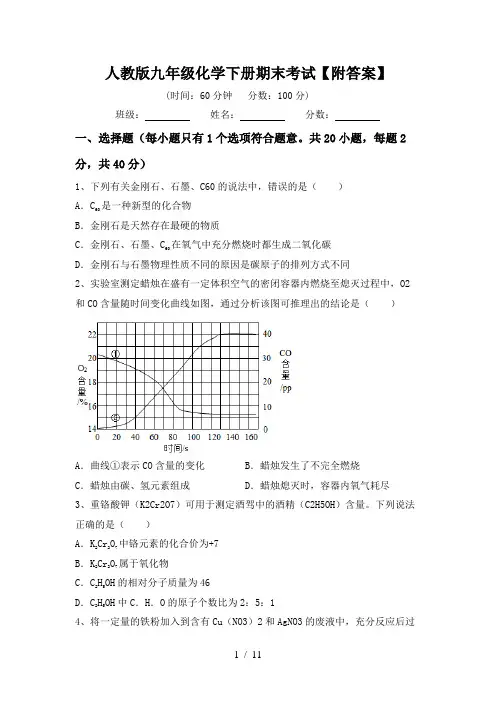 人教版九年级化学下册期末考试【附答案】