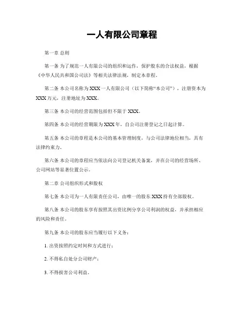 一人有限公司章程